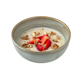 Oatmeal porridge with fruits and nuts with  almond milk
